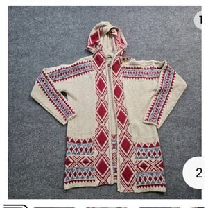 Lucky Brand Cardigan Women's Size XL Beige Red Aztec Western Hoodie Open Front